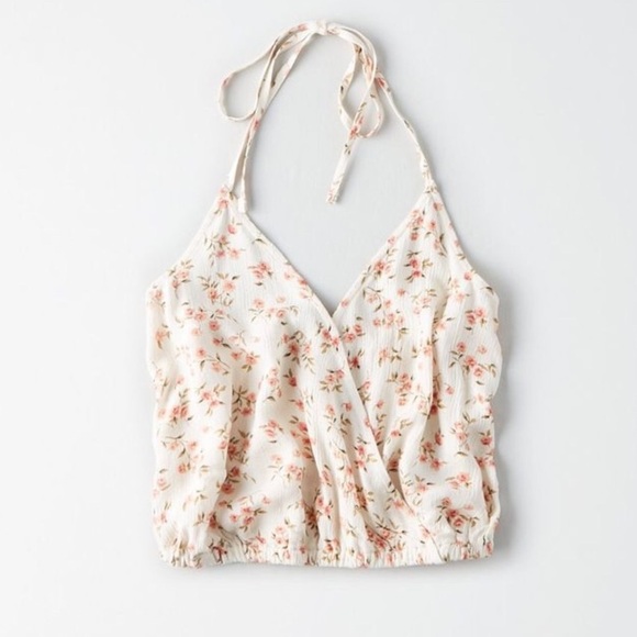 American Eagle Womn S Ivory Floral Boho Festival Crop Wrap Front Halter Tank Top - Picture 1 of 10
